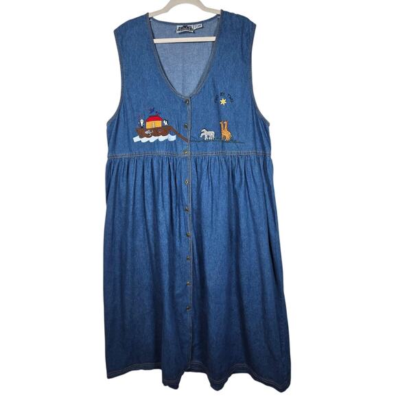 Vintage Denim Dress Womens 20 Noahs Ark Embroidered Jumper Talk America Modest - Picture 1 of 7